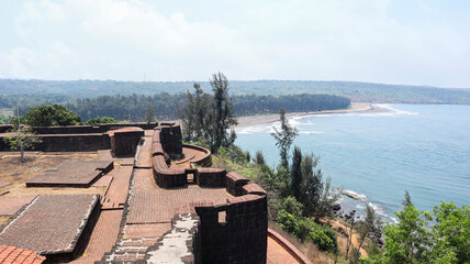 View of Purnagad Fort and the adjoining seashore, Ratnagiri, Maharashtra, India.