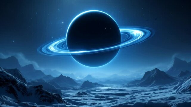 Cosmic fantasy scene of a surreal black planet floating and spinning above icy mountains and dark coasts
