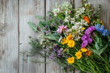 Fototapeta premium Vibrant wildflower bouquet arranged on rustic wooden surface brings joy to any setting with its colorful charm