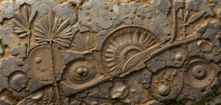 Ancient Stone Slab with Fossilized Texture and Plant Impressions
