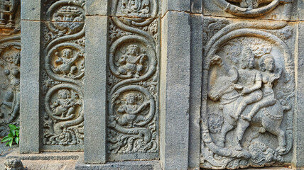 Carving of Lord Shiva and Parvati seated on Nandi at Shri Pachchala Someshwara Temple, Panagallu, Nalgonda, Telangana, India.