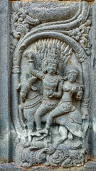 Carving of Lord Shiva and Parvati seated on Nandi at Shri Pachchala Someshwara Temple, Panagallu, Nalgonda, Telangana, India.