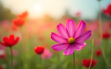 Fototapeta premium Stunning beautiful cosmos flower field. High quality