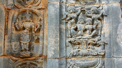 Carved sculptures of Hindu deities on Shri Pachchala Someshwara Temple, Panagallu, Nalgonda, Telangana, India.