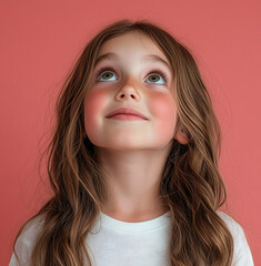 12 year old girl looking looks up excited. Girl on red background looking up