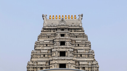 Gopuram of the newly built Lakshmi Narasimha Swamy Devasthanam, Yadagirigutta, Bhuvanagiri, Telangana, India.