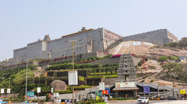 View of the newly built Lakshmi Narasimha Swamy Devasthanam, Yadagirigutta, Bhuvanagiri, Telangana, India.