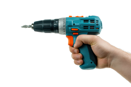 Cordless Drill: Man holding a cordless power drill against a black background