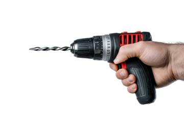 Hand holding a cordless drill with a drill bit against a black background