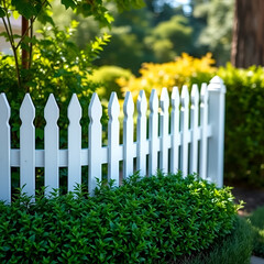 white picket fence with lush green bushes at base creates charming outdoor scene
