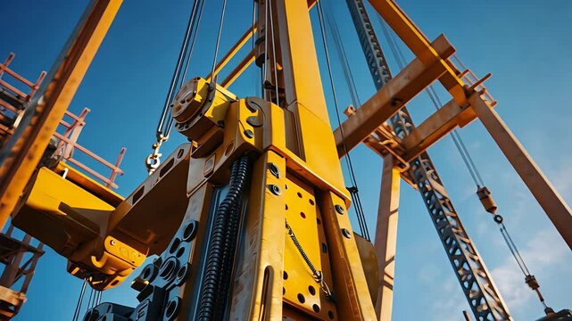 Close-up view of industrial yellow construction machinery and steel crane structures on building site under clear blue sky with bright sunlight

