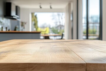 Fototapeta premium Modern kitchen setting with clear wood table in foreground and bright outdoor view, Clear wood table foreground, blurred modern kitchen setting, bright and neat for products