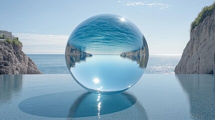 Fototapeta premium Crystal sphere reflecting coastal scenery