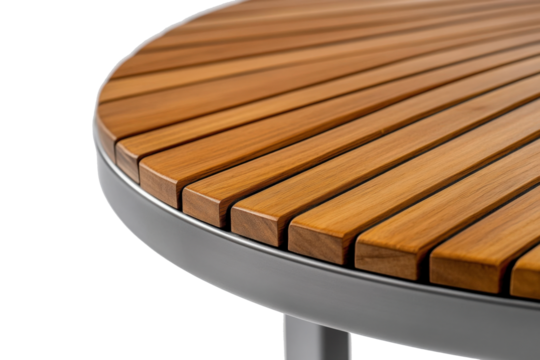 Wooden table top with a metal frame Strips of wood are arranged around the perimeter