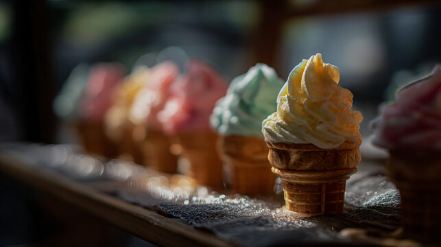 Colorful ice cream cones in a cafe ready for a henry sweet treat.