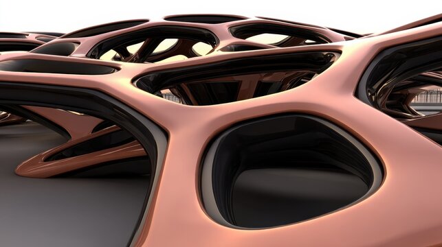 Close-up of a rose-gold organic-shaped structure with black interior detailing, smooth reflective surface and interconnected hollo