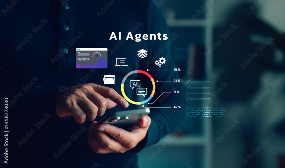 Aufkleber user analyzing ai agent performance data on mobile device, infographic charts, digital icons, repres