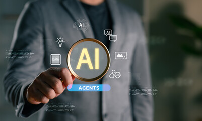 A businessman holding a magnifying glass highlighting the word AI with virtual icons, symbolizing...