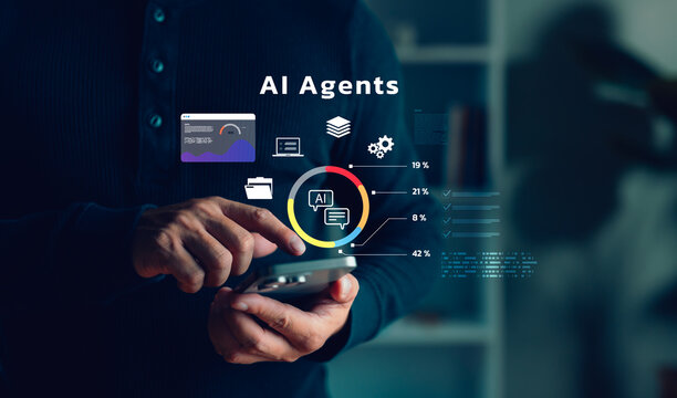 User analyzing AI agent performance data on mobile device, infographic charts, digital icons, representing smart technology, analytics, artificial intelligence adoption, mobile interface interaction.