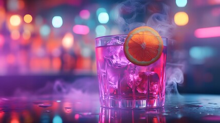 Vibrant cocktail with smoke in a nightclub setting.