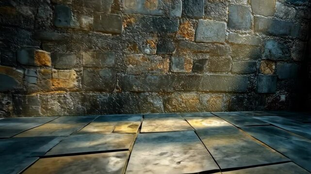 Stone walled room with tile floor lit by single window, creating depth