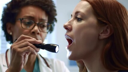 Medic examining patient throat at clinic examination room closeup. Female medical professional using flashlight focused on health diagnosis. Woman polyclinic visitor opening mouth for clinical checkup - Powered by Adobe