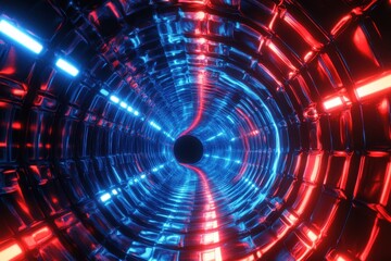 Vibrant wormhole tunnel with blue and red flashing grids creating a futuristic atmosphere, 3d Wormhole tunnel blue and red flashing grid, seamless