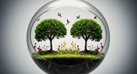 Enchanting Miniature Ecosystem in a Glass Sphere: A Thriving World of Trees, Birds, and Flowers