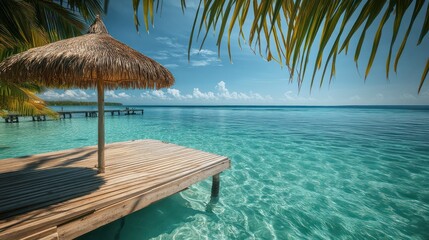 tropical paradise crystal-clear waters stretching towards horizon, wooden dock thatched umbrellproviding light shade, gentle palm