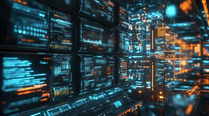 Futuristic Digital Wall of Data: A 3D Render of a Sci-Fi Control Room Filled with Glowing Screens Displaying Complex Code and Information