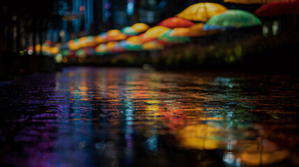 Colorful umbrellas lining a sozzled city street, reflecting light within from the pavement.