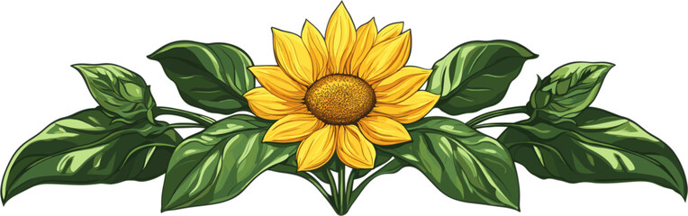 Naklejka premium Cute sunflower with leaves. Vector illustration