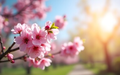 Obraz premium Captivating Pink cherry tree blossom flowers blooming in spring, easter time against a natural sunny blurred garden banner background of blue, yellow and white bokeh. High quality