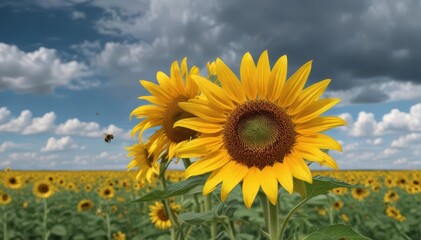 A lone bee gathers pollen from a vibrant sunflower in a vast field under a cloudy sky , outdoors, cloudy sky, summer