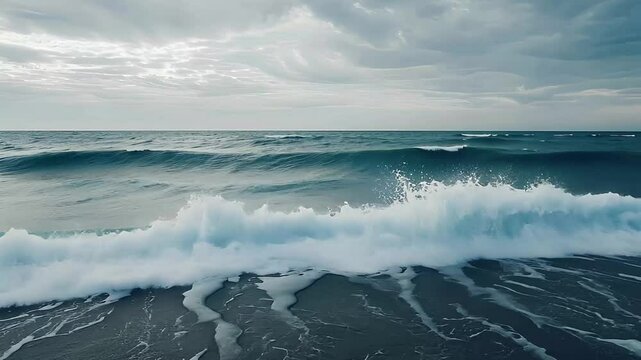 Waves ebb and flow against the shore, sending sprays of water into the air while dark clouds gather overhead, casting a moody atmosphere over the coastal landscape.