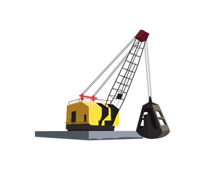 Vector illustration with flat industrial grab dredge excavator. Equipment, transportation, children toy. Heavy machinery object. Isolated tractor truck on white background