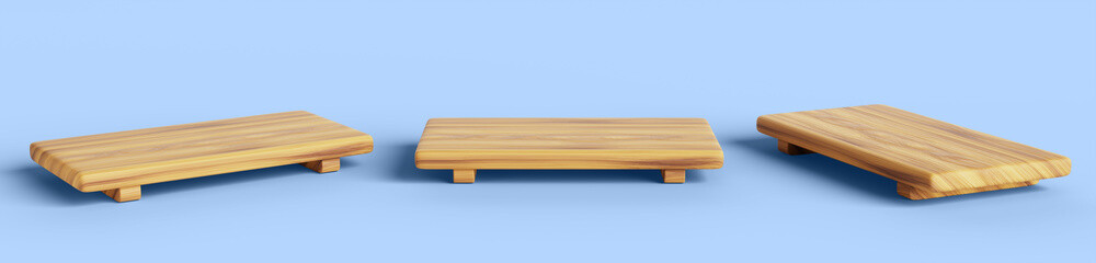 Sushi tray, wooden stand tamaki dai realistic 3d render icon set. Japanese bamboo plate for asian food. Empty rectangle board mockup with light brown wood texture, front and side view. 3D illustration