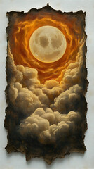 Obraz premium A grinning full moon dominates a fiery, clouded night sky, framed by a textured, burnt-edge border