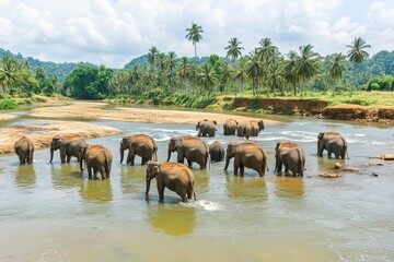 Elephants enjoy a refreshing bath in the river at Pinnawala, Sri Lanka on a sunny day, Elephants bathing in river in Sri Lanka Pinnawala park