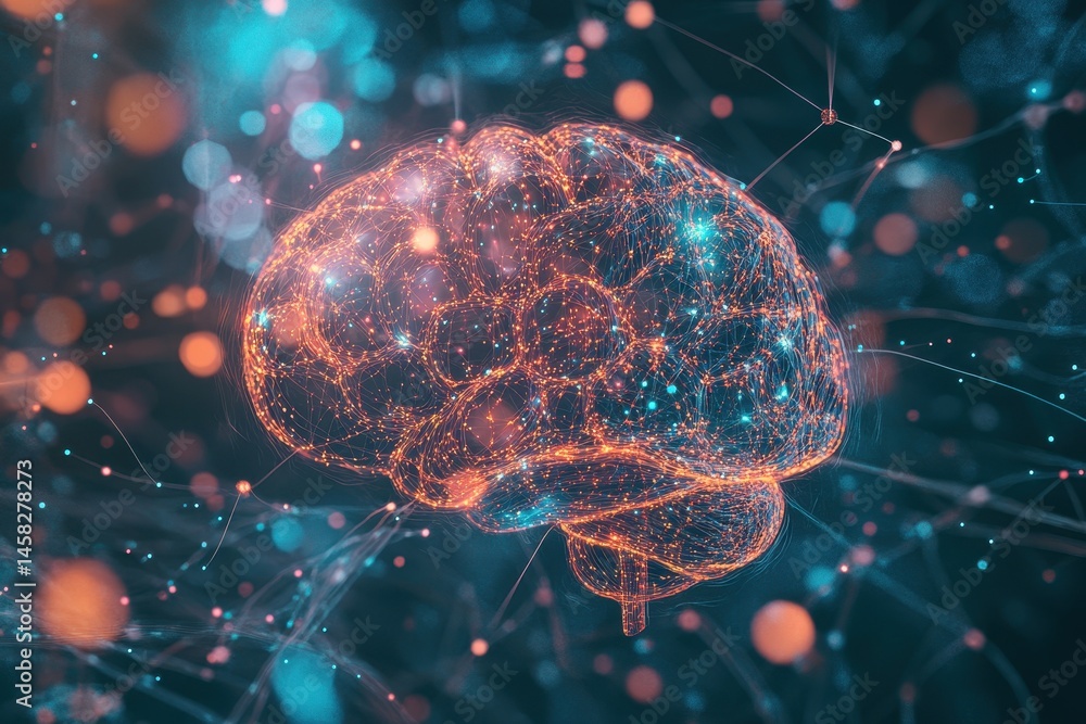Poster futuristic digital brain with glowing neural connections showcasing advanced technology and artifici