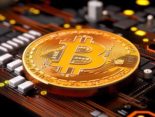 Obraz premium startup investment growth ecosystem concept. Golden Bitcoin on a circuit board background with electronic components.