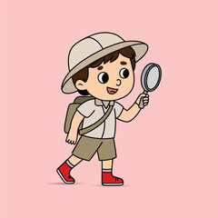 Cute kid finding about something. Boy child finding with Magnifying Glass