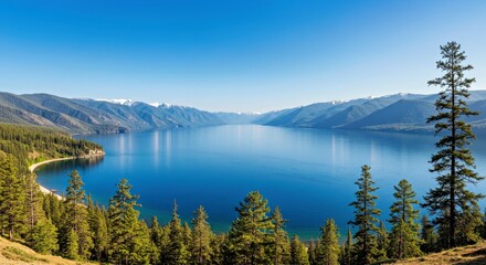 Naklejka premium Expansive panoramic view of Lake Baikal in Siberia, Russia. Features tranquil, deep blue water stretching to the horizon, emphasizing its vastness. World's deepest lake.
