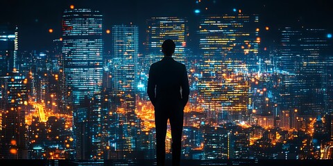 Obraz na płótnie Canvas Figure gazing at an illuminated city skyline at night, with glowing lights and futuristic effects