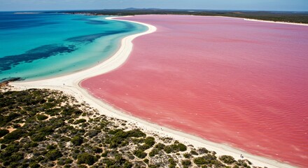 Obraz premium Eye-catching contrast: Lake Hillier�s vibrant pink saline water lies next to the deep blue Southern Ocean on the Western Australia coastline. Aerial perspective.
