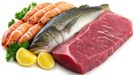 Fresh seafood assortment featuring shrimp cod fish and beef steak garnished with vibrant lemon slices and parsley presenting a delightful culinary composition captured with clarity
