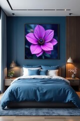 Modern bedroom, purple flower art above blue bed, blue bed, home decor, artwork