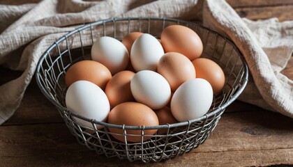 Fresh Eggs in Wire Basket on Rustic Wood