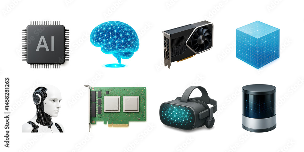 Aufkleber Collection of AI and tech tool icons including CPU, robot, VR, GPU, and digital brain in clean layout on white background. Ai generative