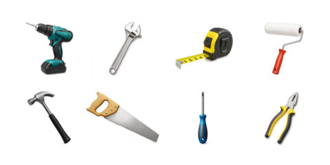 Collection of repair tool icons including drill, wrench, saw, pliers, and more in clean style on white background. Concept of repair accessories. Ai generative